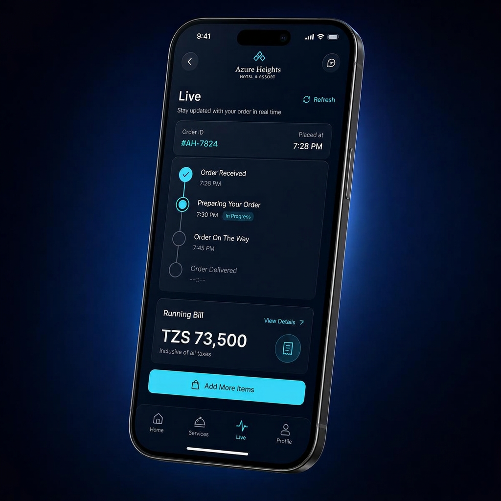 TabXP mobile app showing live order tracking and a running bill