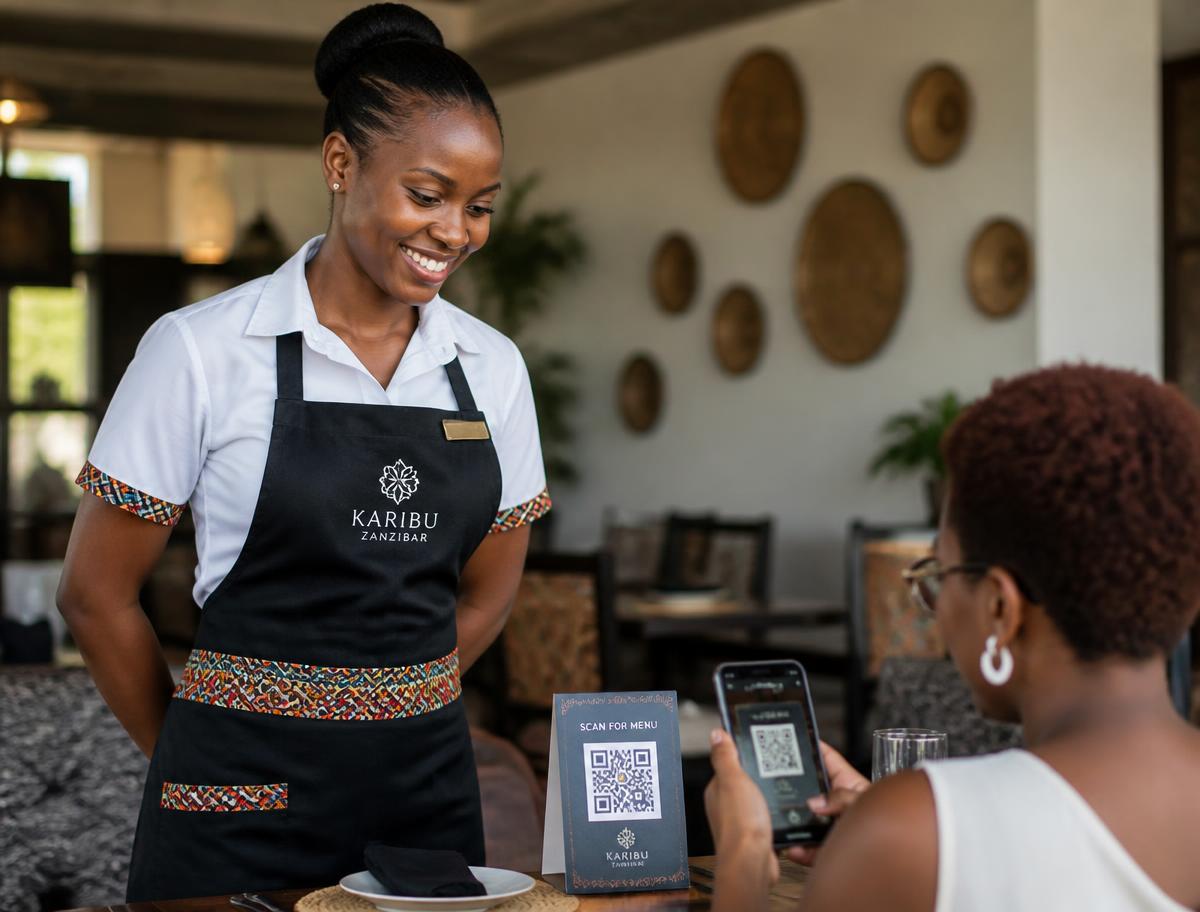 A guest scanning a QR table card while a waitress serves in a Tanzanian restaurant